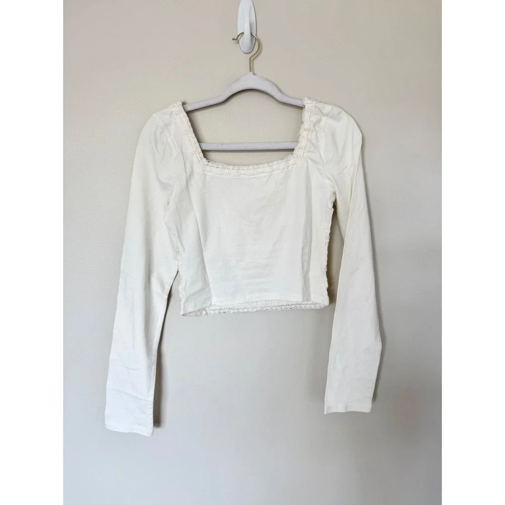 Free People White Lace Trim Square Neck Long‎ Sleeve Crop Top Size Extra Small